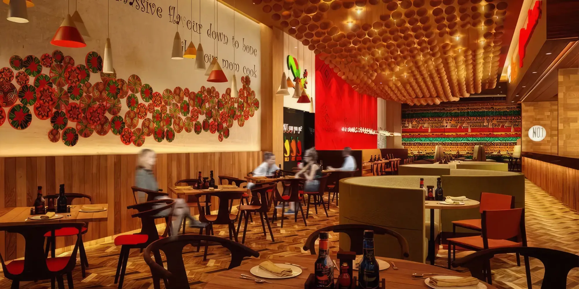 Galitos in Dubai Festival City showcases a sophisticated restaurant featuring red walls and opulent gold accents.